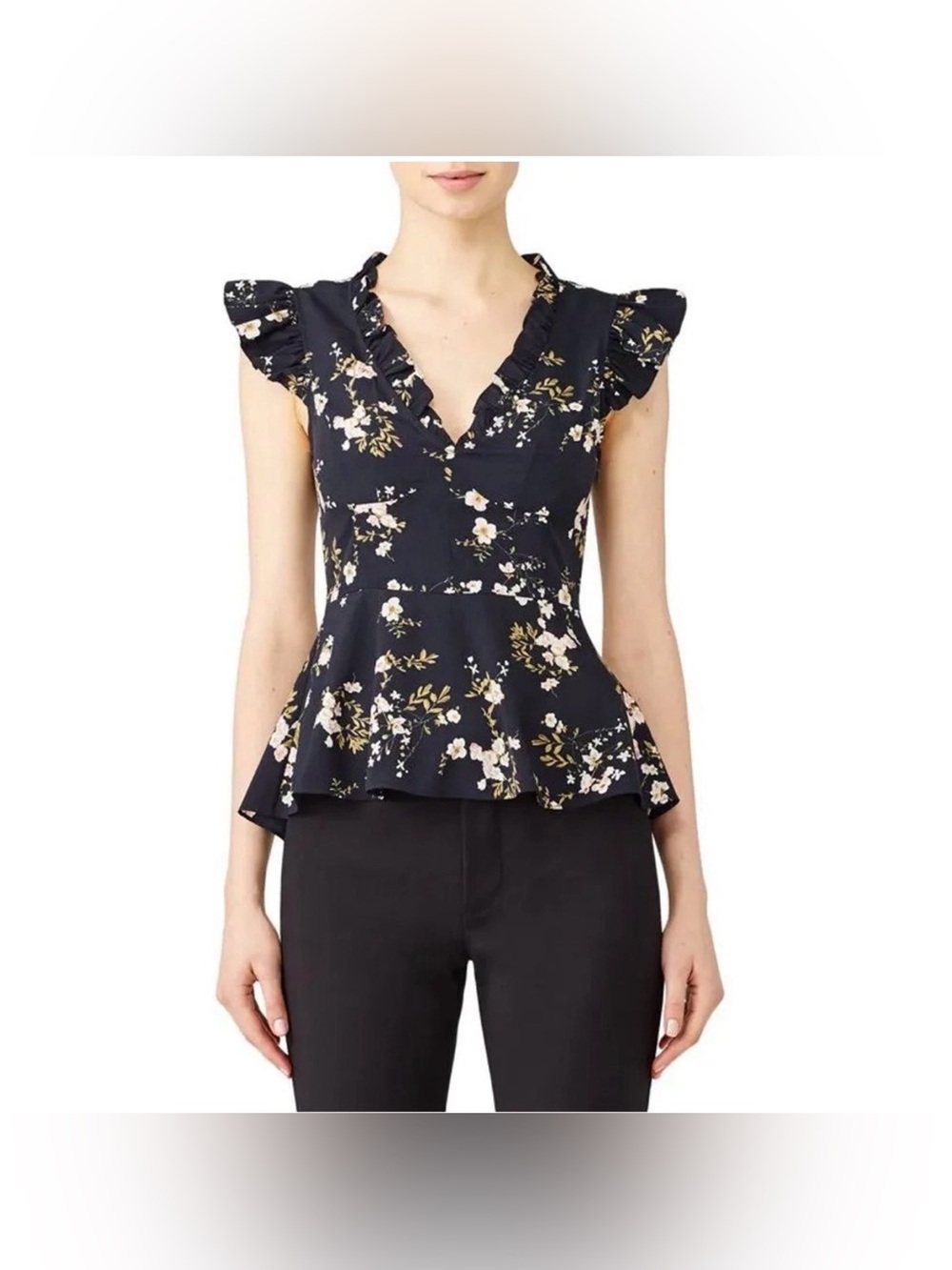 Tome NYC Lillian Floral Ruffle V-Neck Navy Peplum Top
